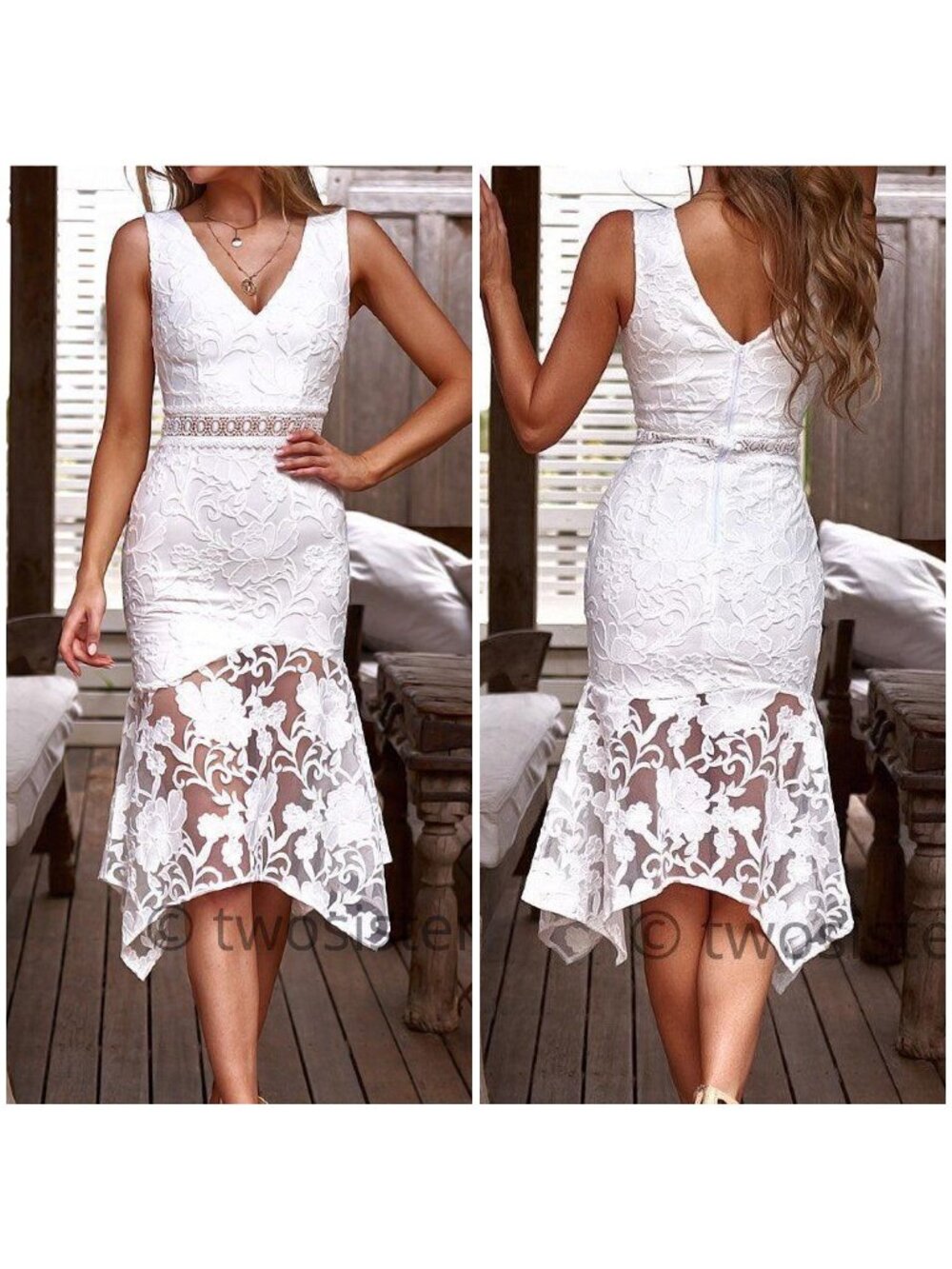 Two Sisters The Label Dress Womens 2 Extra Small XS White Ivory Floral Lace Midi